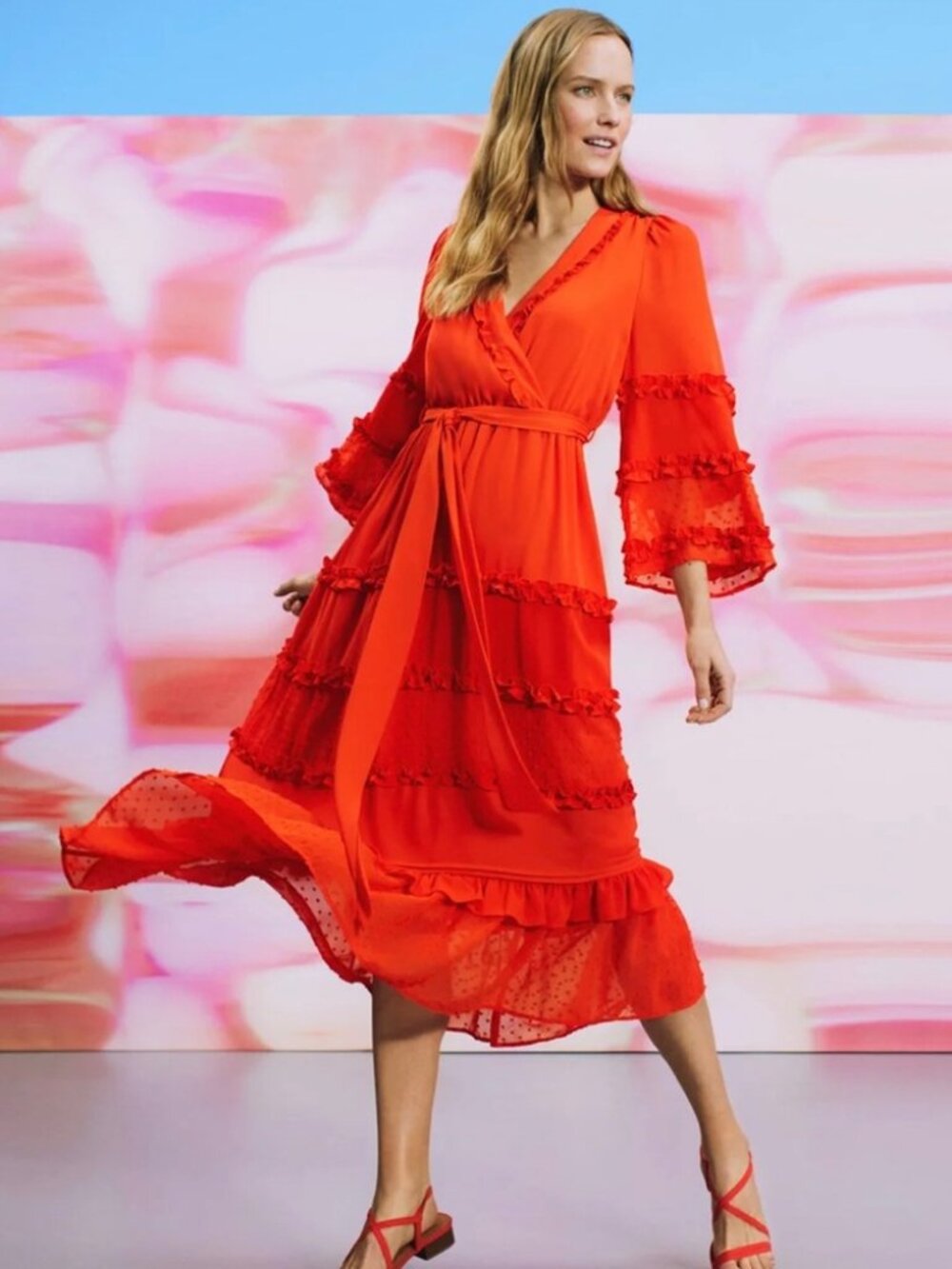 Target Alexis Fall Dress XL Midi Orange Textured Angel Sleeve Red Flamenco Boho
